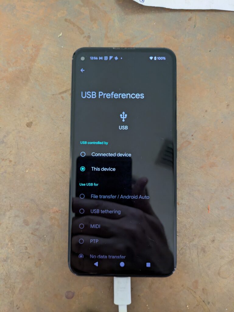 Pixel 5a phone showing the USB Preferences screen