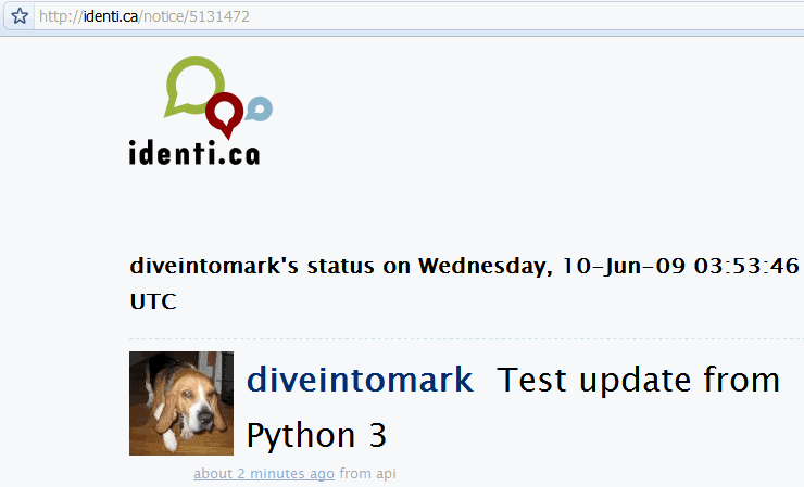 screenshot showing published status message on Identi.ca