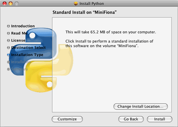 [Python installer: standard install screen]